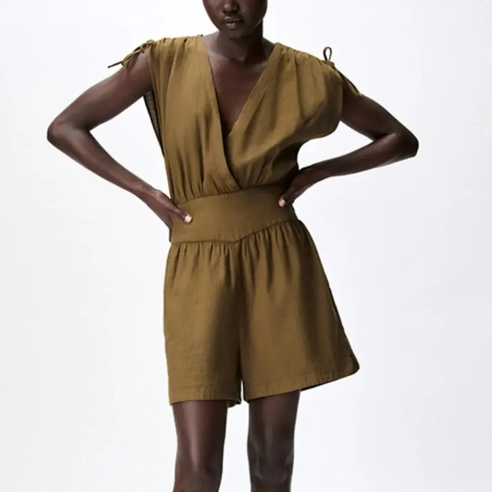 ZARA Linen Blend Romper V-Neck Sleeveless Ruched Shoulder Khaki Womens Size M